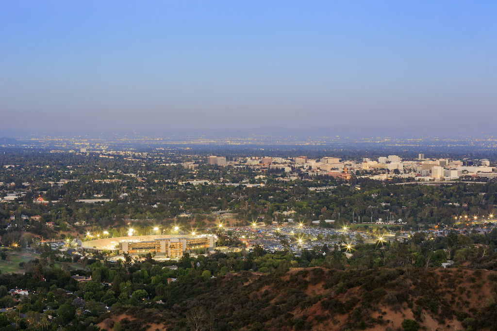 Far away aerial view of Rose Bowl in Pasadena, California